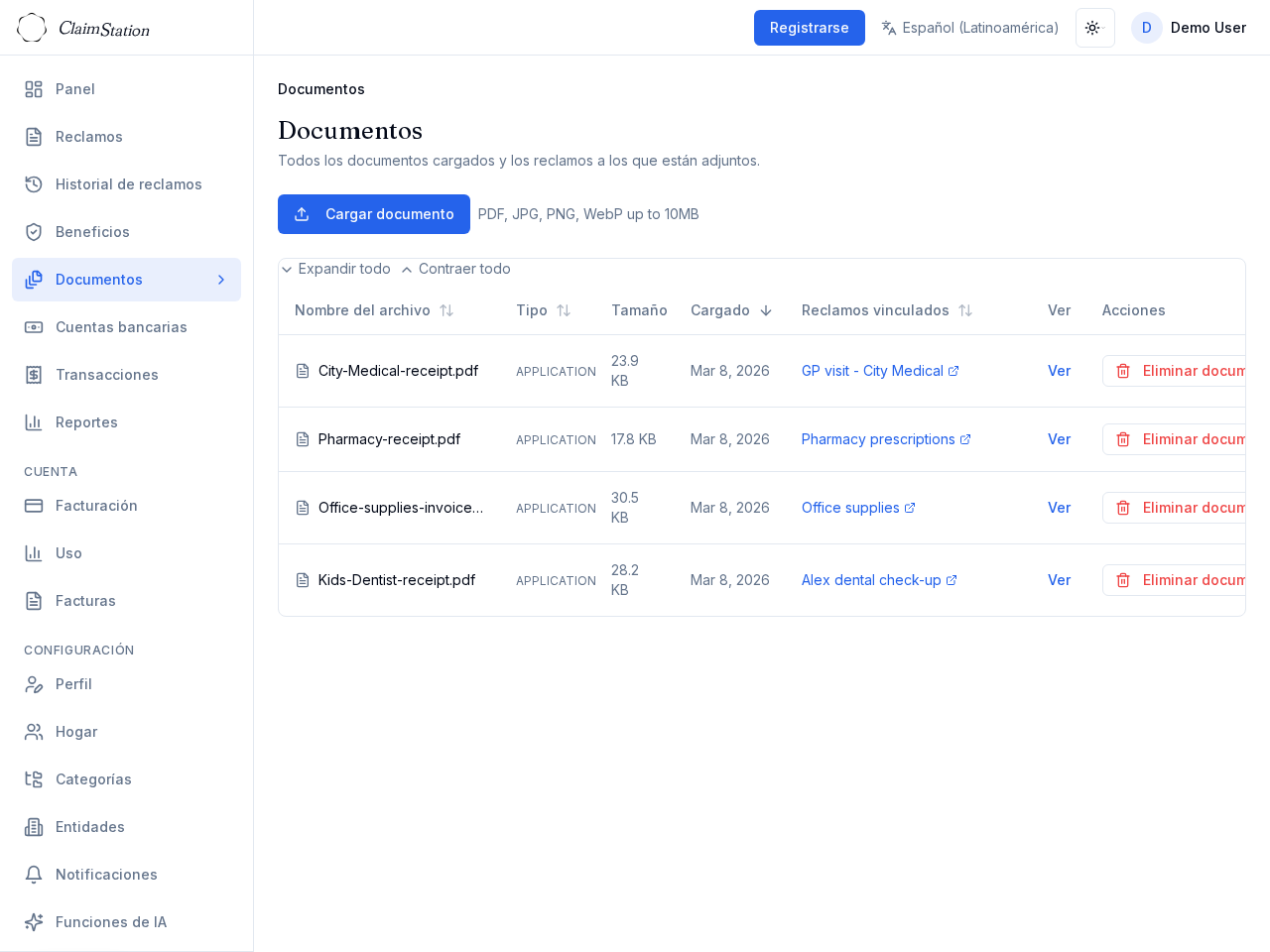 Vista de documentos de ClaimStation